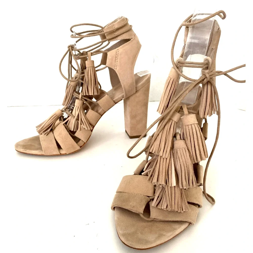 Loeffler Randall Sandal Luz Natural Tan Beige Tassel Lace Up Wraparound Open 8 B